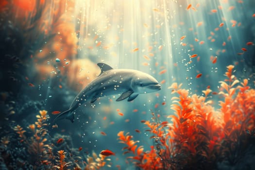 A dolphin is swimming in a coral reef with orange and red plants. Generative AI.