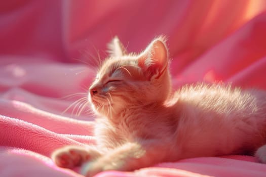 A kitten is laying on a pink blanket. Generative AI.