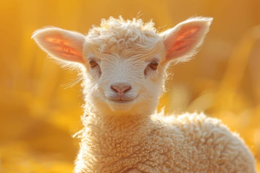 A cute baby lamb with big ears and a smile on its face. Generative AI.