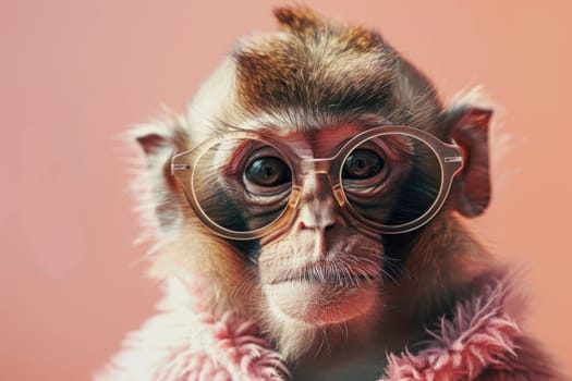 A monkey wearing glasses and a pink scarf. Generative AI.