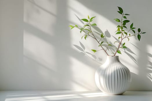 A white vase with a green leaf in it sits on a table. Generative AI.
