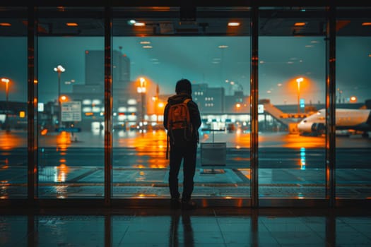 A person with a backpack is standing in front of a glass door at an airport. Generative AI.