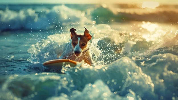 Happy dog surfing, concept of summer activities at sea, vacation. Generative AI.