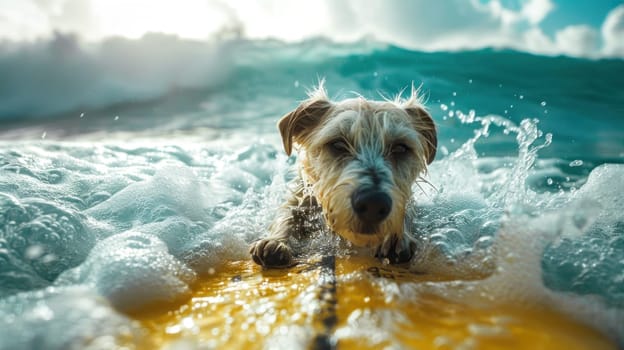 Happy dog surfing, concept of summer activities at sea, vacation. Generative AI.