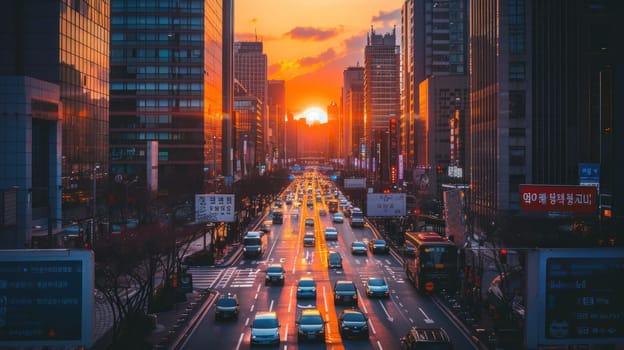 Traffic on a street in a city with tall buildings at sunset. Generative AI.