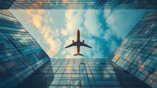 Plane flying perspective from below around building glass, bright blue sky. Generative AI.