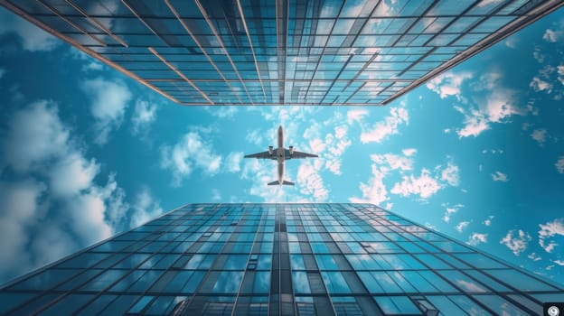 Plane flying perspective from below around building glass, bright blue sky. Generative AI.