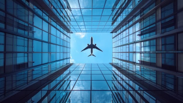 Plane flying perspective from below around building glass, bright blue sky. Generative AI.