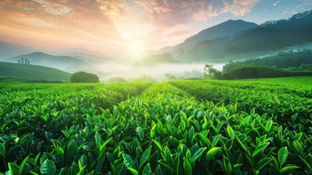 Serene green tea fields at sunrise, misty mountains in the background. Generative AI.