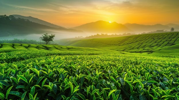 Serene green tea fields at sunrise, misty mountains in the background. Generative AI.