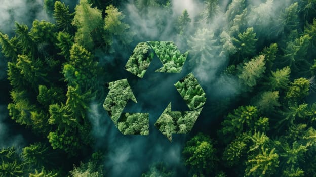 Recycling on a green cloud surrounded by trees. Generative AI.