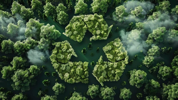 Recycling on a green cloud surrounded by trees. Generative AI.