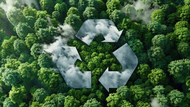 Recycling on a green cloud surrounded by trees. Generative AI.