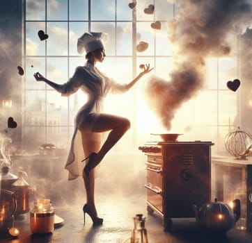 glamourous chef in steampunk kitchen with windiwn natural light cooking posing dancing singing illustration generative ai art