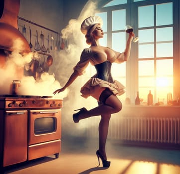 glamourous chef in steampunk kitchen with windiwn natural light cooking posing dancing singing illustration generative ai art