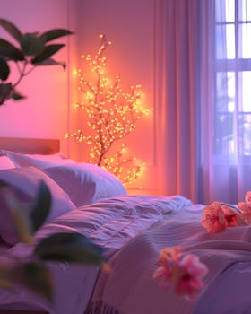 A bedroom featuring a purple bed with pink textiles, an orange plant, and a tree with lights on it. The interior design has a cozy feel with wooden accents, sunlight streaming through the window