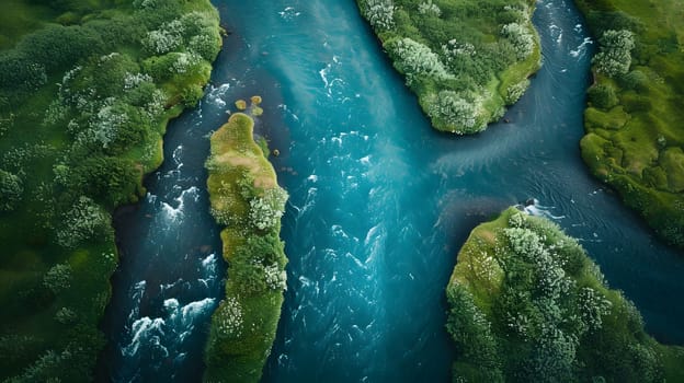 An aerial perspective of a river flowing through a lush landscape with trees, mountains, and terrestrial plants creating a natural and serene scene