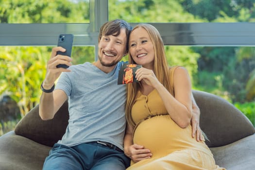 In a touching moment, the pregnant woman and father connect via video call, sharing the joy as they hold up an ultrasound photo, bridging the distance with the anticipation of their baby's arrival.