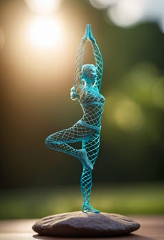 Woman in yoga pose, bent wire figure on nature backdrop, Creative figures symbol of tranquility, art and serenity intersection