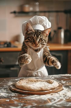 A Domestic shorthaired cat, a small to mediumsized Felidae carnivore, is standing next to a pizza on a table, wearing a chefs hat and apron