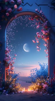 A crescent moon hangs in the midnight sky, framed by an archway and surrounded by magenta flowers. The scene is like a piece of art in the worlds landscape