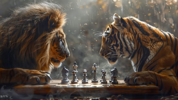Lion and a tiger playing chess, strategic planning concept.