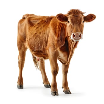 A fawncolored bovine with fur stands on a white background, its snout facing the camera. This terrestrial animal is possibly a livestock or a working animal