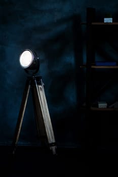dark loft interior with retro lamp on the floor and bookshelf