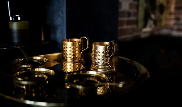 golden teacup for breakfast. vintage cafe