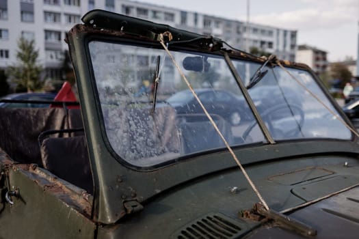 dirty windshield of an old car. vintage car