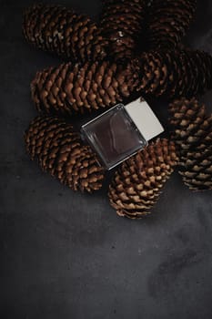 Transparent bottle of perfume on a background of pine cone. Women's and men's essence. Natural organic cosmetic
