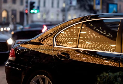 Black car standing city at night. Car in darkness