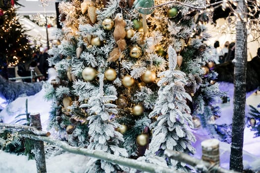 Christmas tree background and Christmas decorations with snow. Happy New Year and Xmas theme