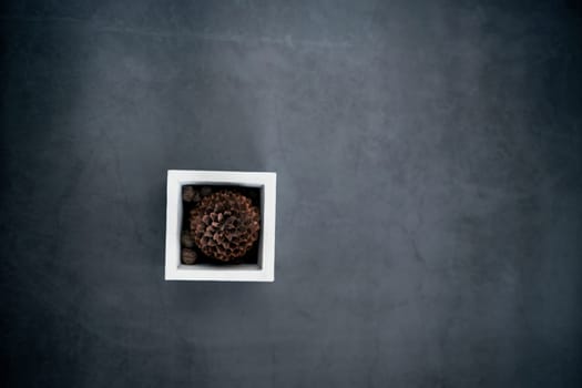 Still life with home decor of cone in modern vase on dark background, with copy space. top view