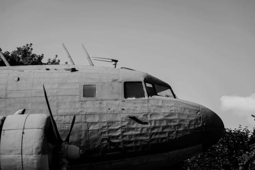 part of an old vintage airplane. black and white picture of the plane