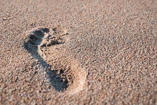Footprint with golden sand. Beach and footstep on sunny time.