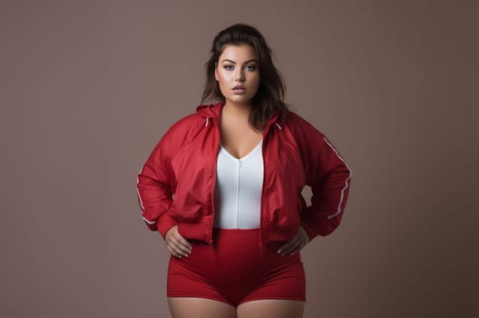 A plus-size woman in a red sportswear strikes a pose of power and confidence against a vibrant red backdrop, her curves and muscles on full display.
