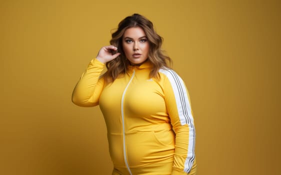 Bathed in sunshine, a plus-size woman in yellow workout clothes exudes confidence as she exercises on a matching mat, a vibrant symbol of health and self-love