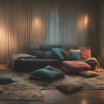 An abandoned house room bathed in the warm glow of sunset: dusty furniture, peeling wallpaper, light beams through dust windows. Generative AI