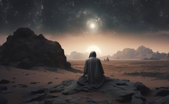 The woman's solitary figure on the moon is a powerful symbol of the individual's connection to the divine.