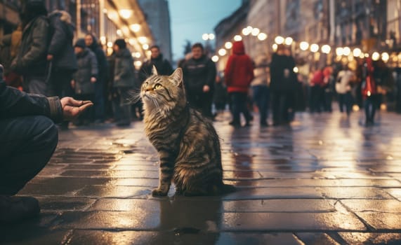 A lone cat finds solace and nourishment in the outstretched hand of a compassionate stranger on a dark and stormy night.