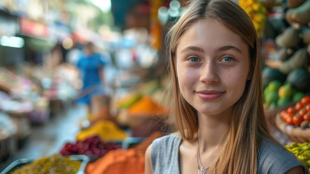 European girl against the backdrop of colorful market stalls with Asian spices and fruits. AI