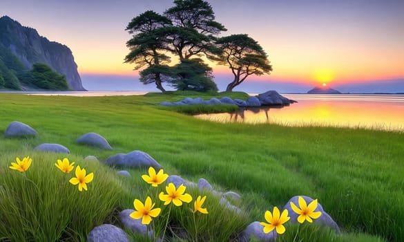 Inspirational Nature. A serene landscape photograph of a peaceful meadow at sunrise with a single flower resting on a rock or in the grass to convey a sense of tranquility and inner strength.