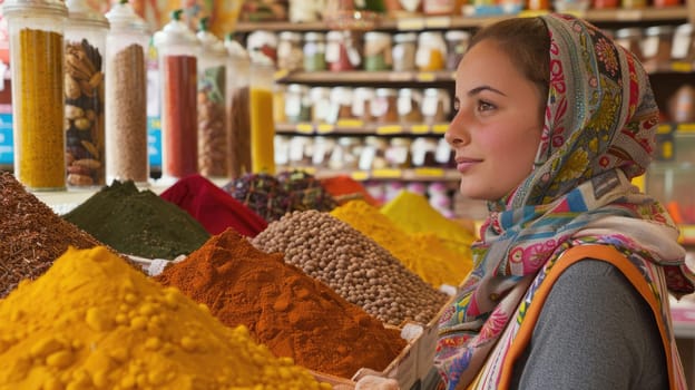 European girl against the backdrop of colorful market stalls with Asian spices and fruits. AI
