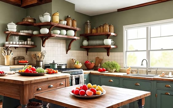 Kitchen Creations. A beautifully styled image of a rustic kitchen counter with fresh fruits, a recipe book, and vintage kitchen utensils