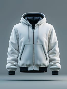 A white hoodie with a black hood is suspended in the air, showcasing a unique design with contrasting colors and a casual yet stylish look
