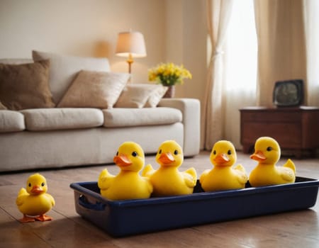 A group of four yellow rubber ducks are sitting in a blue tray. One of the ducks is smaller than the others.AI generation