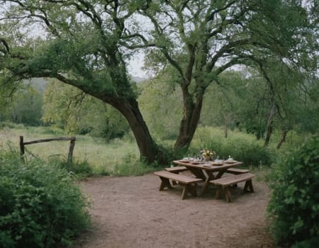 A table with a white tablecloth and a bunch of fruit on it. The table is set for a meal and there are two bottles on the table. Scene is relaxed and inviting. AI generation