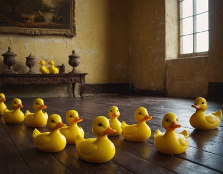 A group of four yellow rubber ducks are sitting in a blue tray. One of the ducks is smaller than the others.AI generation