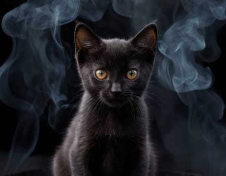 A small black kitten against a background of smoke in the dark. AI generation